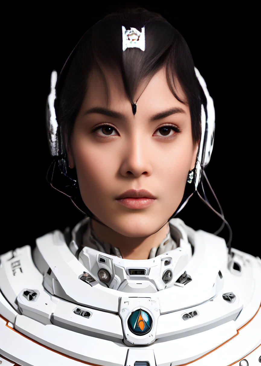 Dark-Haired Woman in Futuristic White Spacesuit with Blue Insignia