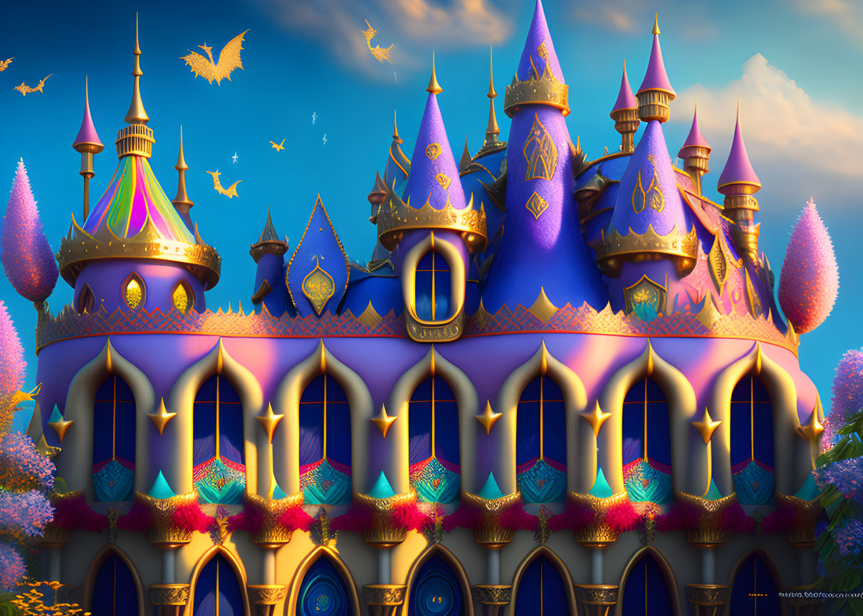 Fantasy castle with spires and golden accents under blue sky