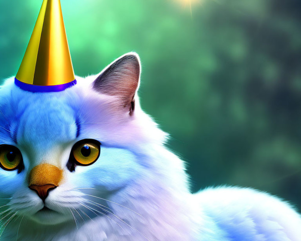 Blue Cat in Party Hat with Yellow Eyes on Green Background