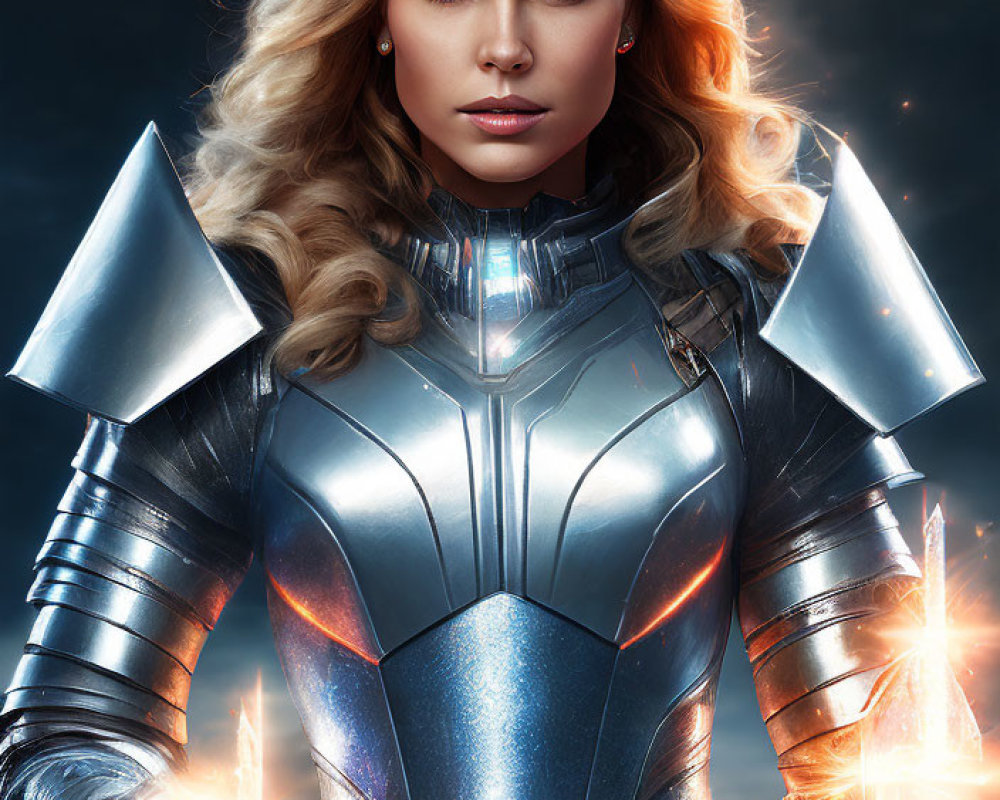 Blonde woman in silver futuristic armor with glowing energy hands on dark cosmic background