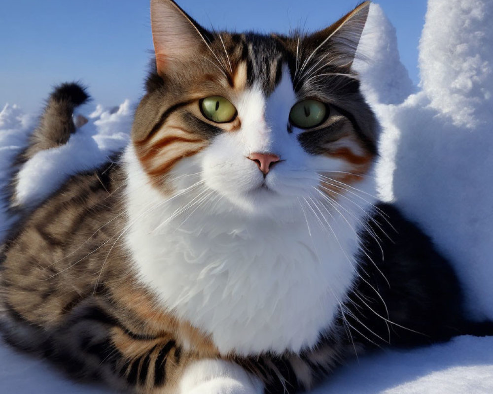 Tabby and White Cat with Green Eyes Sitting on Snow