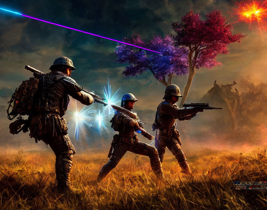 Futuristic battle scene with soldiers and laser weapons