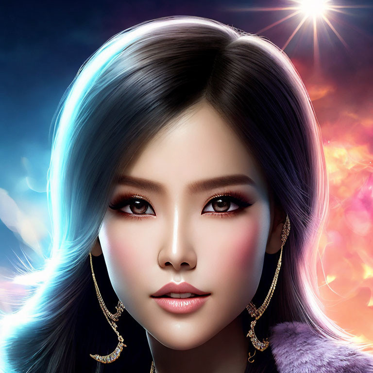 Detailed makeup portrait of a woman with long earrings on vibrant fantasy background