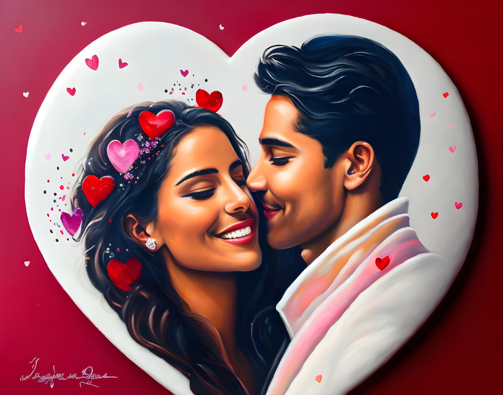 Smiling couple embraced with hearts on red background