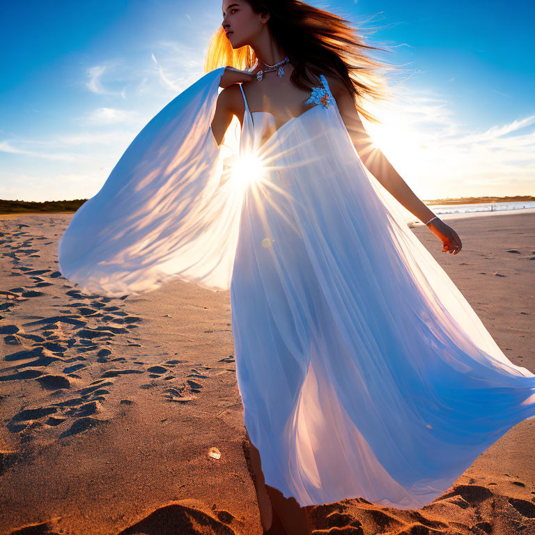 Woman in White Dress on Sandy Beach at Sunset