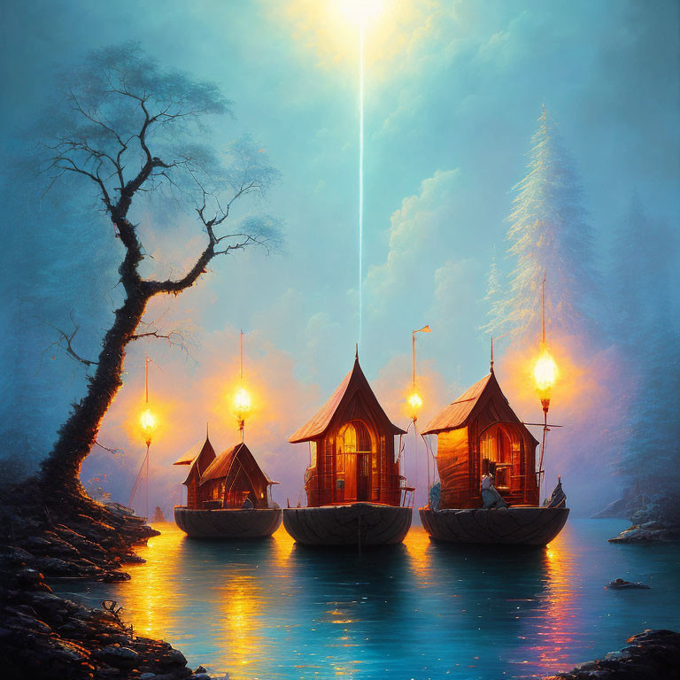 Illuminated hut-like boats on misty lake at dusk