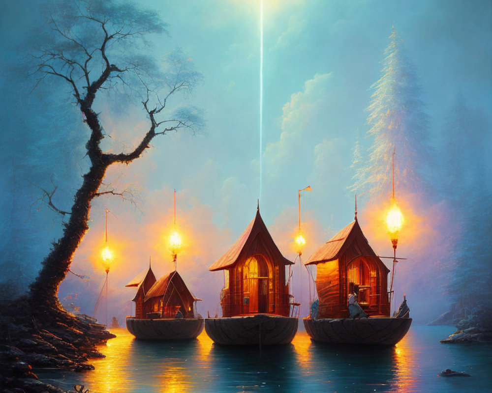 Illuminated hut-like boats on misty lake at dusk