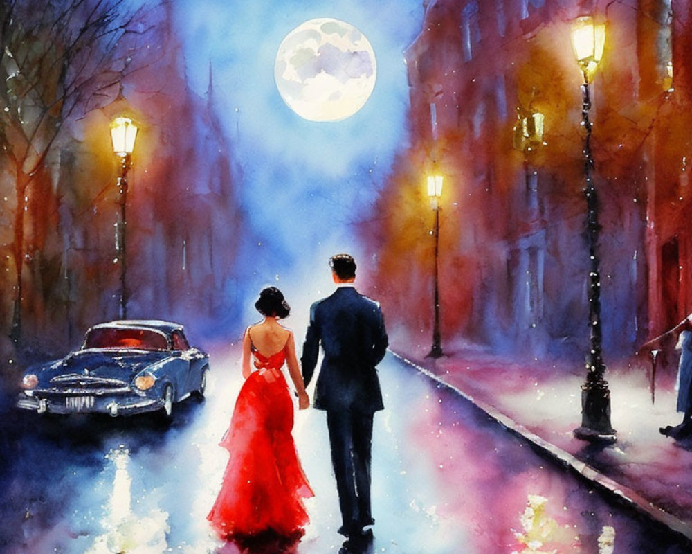 Formal Attired Couple Walking by Vintage Car in Moonlit City Street