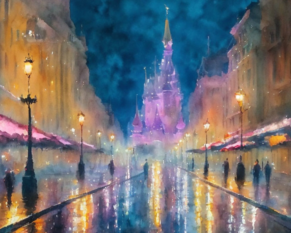 Vibrant watercolor painting of rainy evening with people walking on reflective street, featuring castle and dramatic