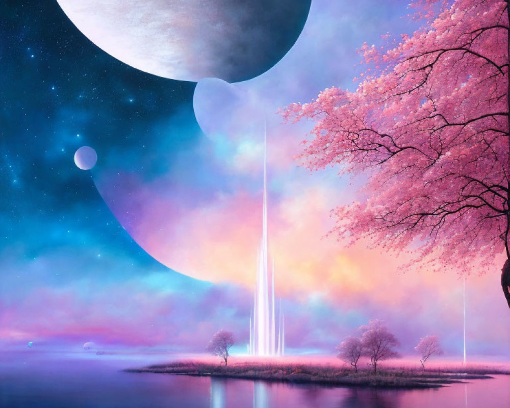 Tranquil landscape with cherry blossoms, moons, light beams, and reflective lake