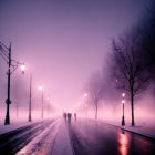 Purple-hued cityscape at dusk: People walking under lamp-lit avenue, tram line, bare