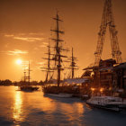 Historic tall ships at wooden buildings under golden sunset.