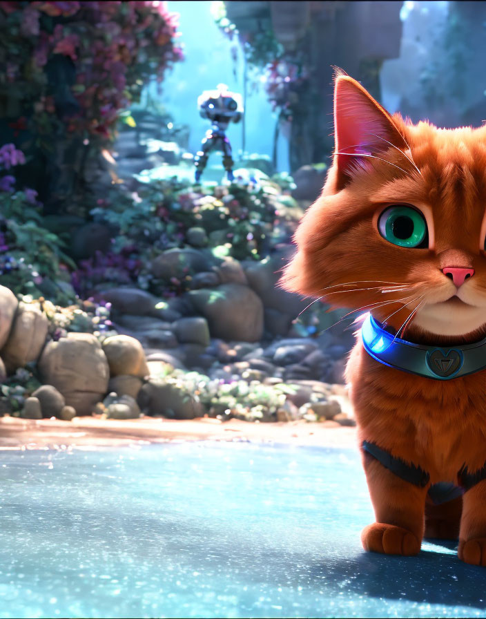 Wide-eyed animated cat with blue collar and robot in sunny floral scenery