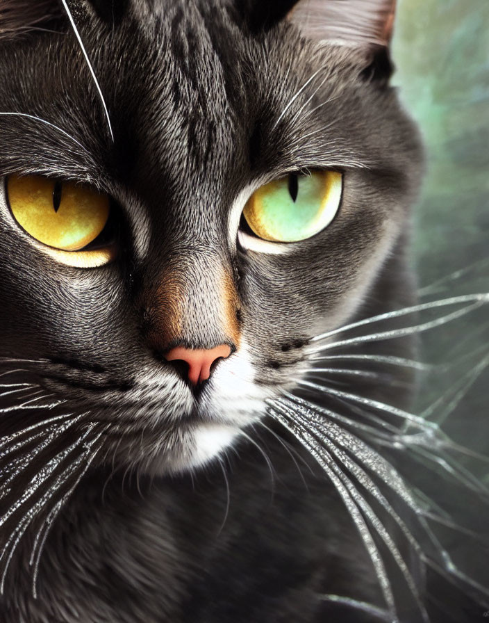 Grey Tabby Cat with Yellow-Green Eyes and Pink Nose Close-Up