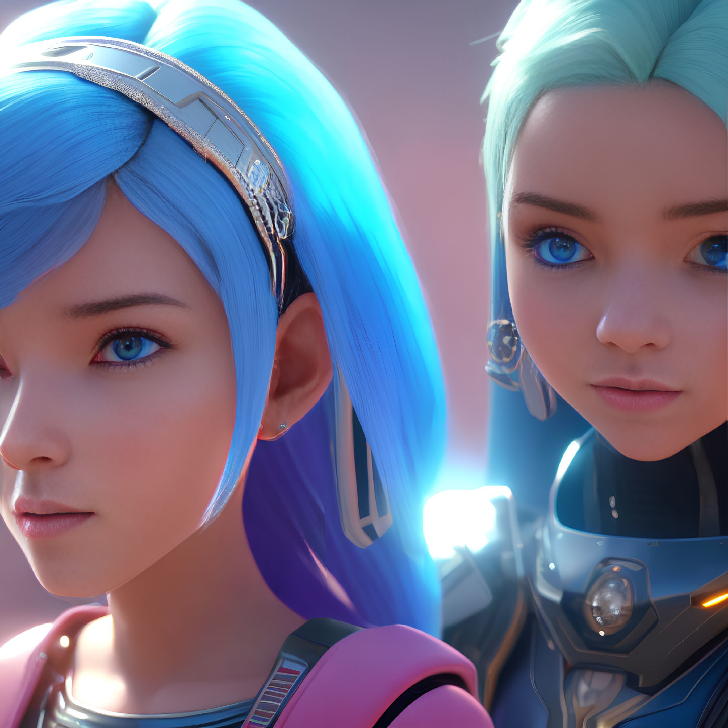 Stylized female characters with blue hair in futuristic and casual attire against pink and blue backdrop