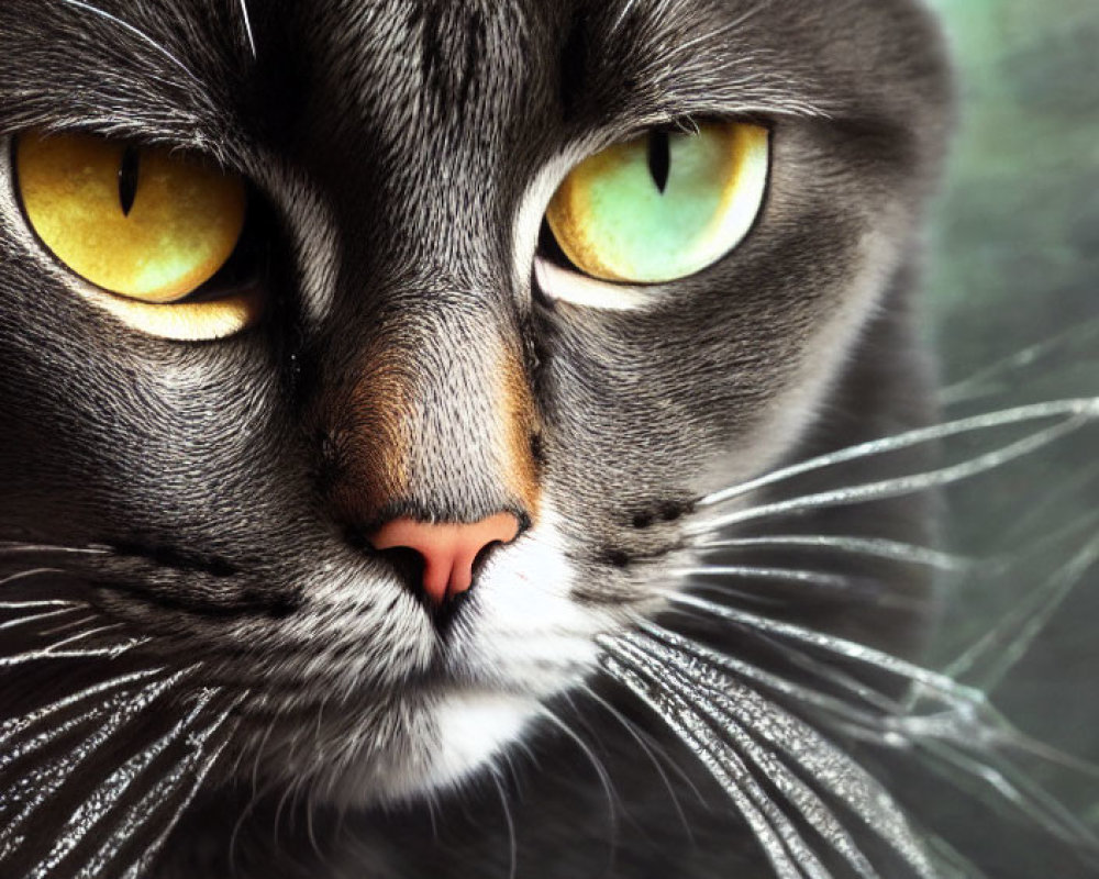 Grey Tabby Cat with Yellow-Green Eyes and Pink Nose Close-Up