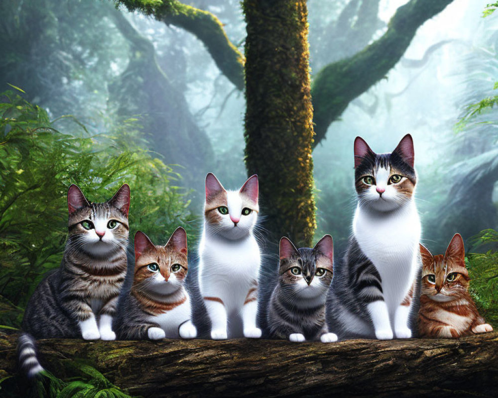 Five diverse cats on log in misty forest with green moss & trees