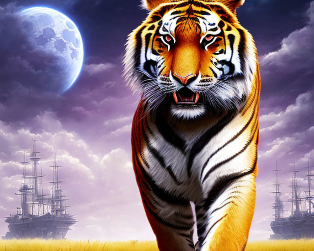 Majestic tiger in field with purple flowers and moonlit sky with ghostly ships