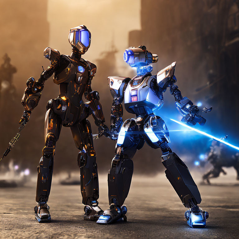 Futuristic humanoid robots with glowing joints in urban setting, one with blue energy sword