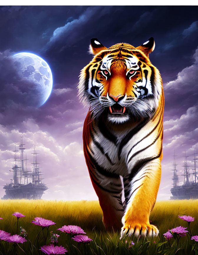 Majestic tiger in field with purple flowers and moonlit sky with ghostly ships