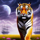 Majestic tiger in field with purple flowers and moonlit sky with ghostly ships