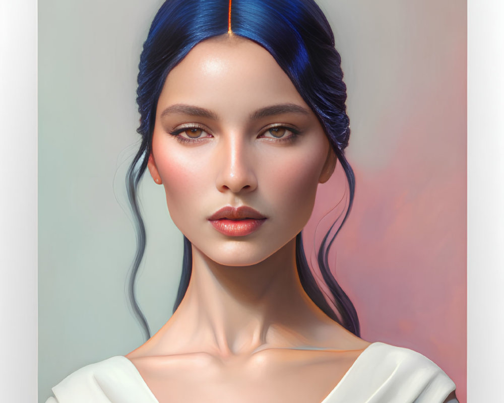 Portrait of Woman with Blue Hair and White Top in Serene Pose