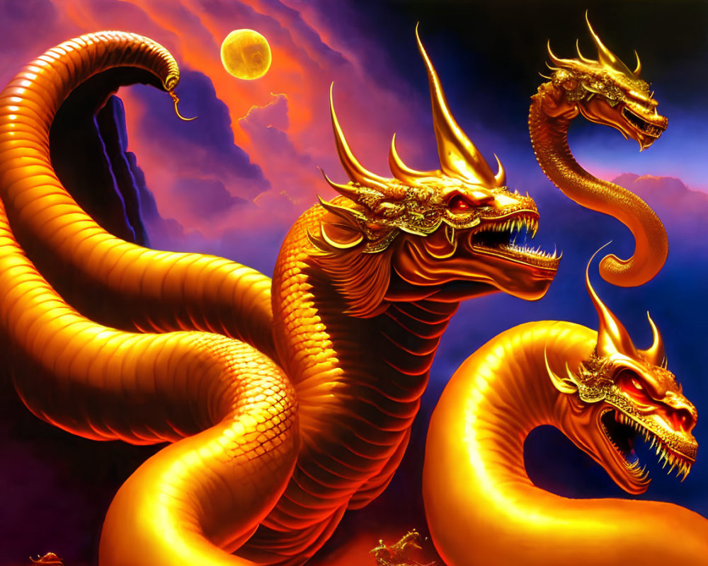 Golden three-headed dragon in dramatic sky with crescent moon