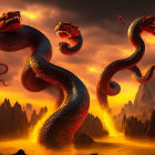 Golden three-headed dragon in dramatic sky with crescent moon