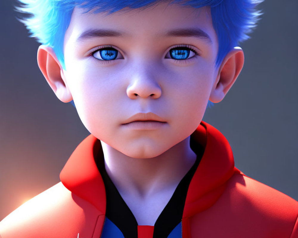 Striking 3D animated character with blue hair and eyes in red and black hoodie