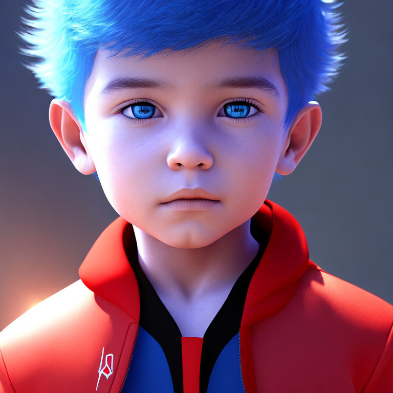 Striking 3D animated character with blue hair and eyes in red and black hoodie