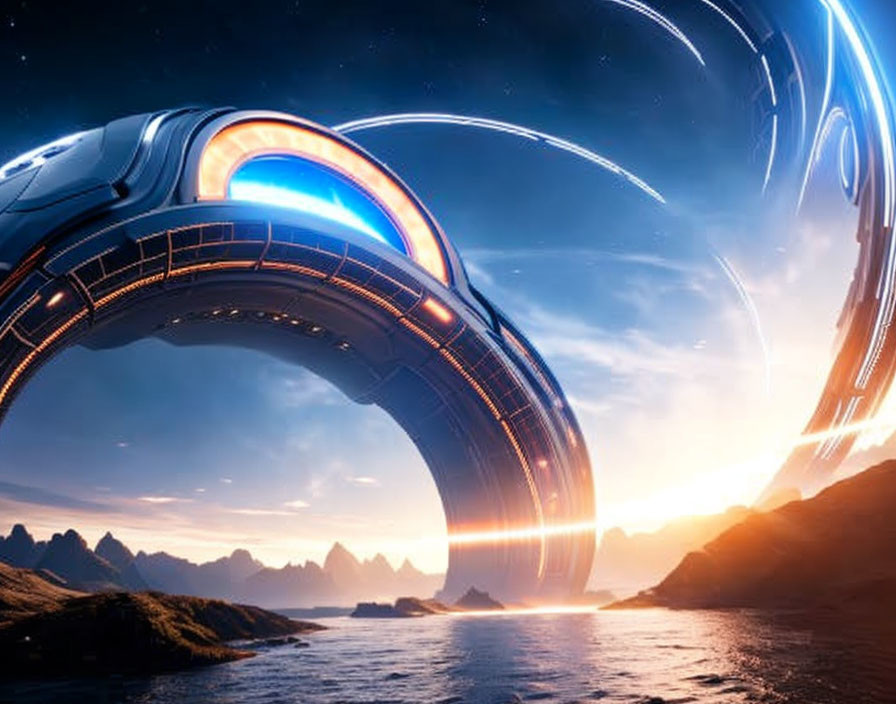 Futuristic portal over serene oceanside landscape at sunset