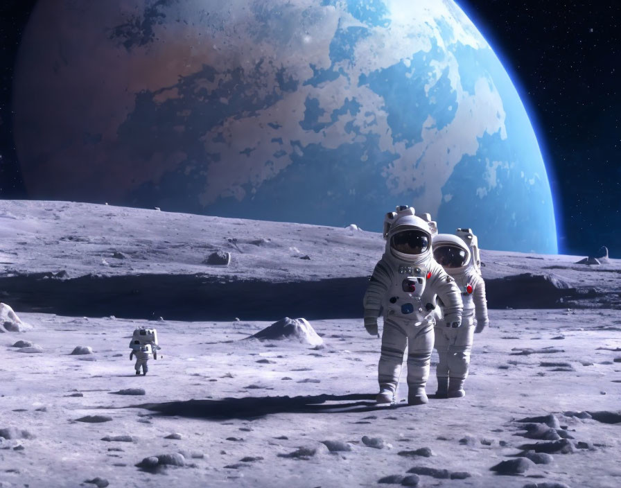 Astronauts exploring moon's surface with Earth-like planet in background