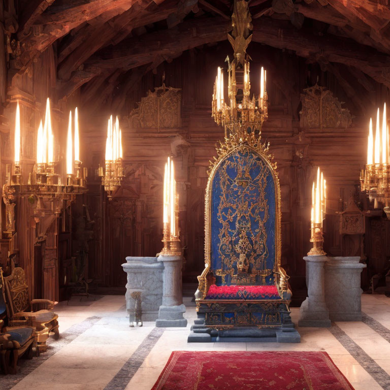 Opulent throne room with blue and gold throne, candles, vaulted ceilings, stone pillars