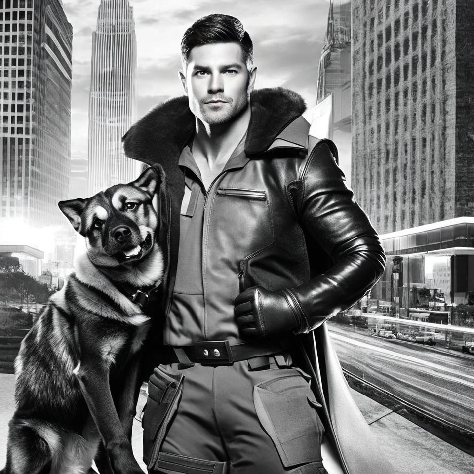 Stylish man with German Shepherd in urban setting