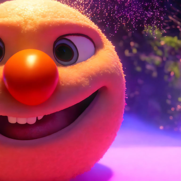 Smiling orange character with red nose on purple background