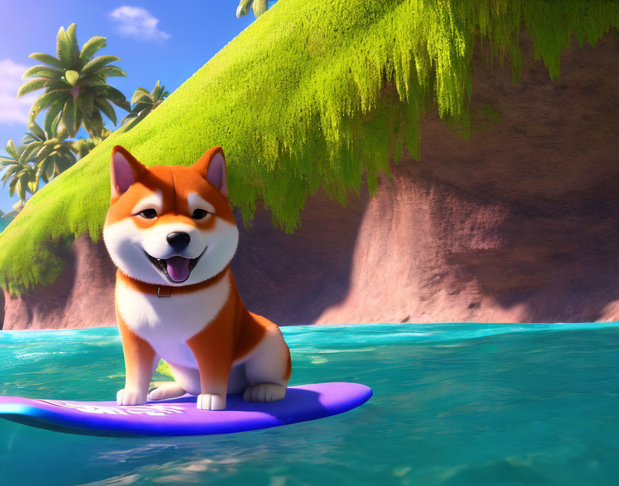 Shiba Inu Dog Surfing on Purple Board in Tropical Island Scene