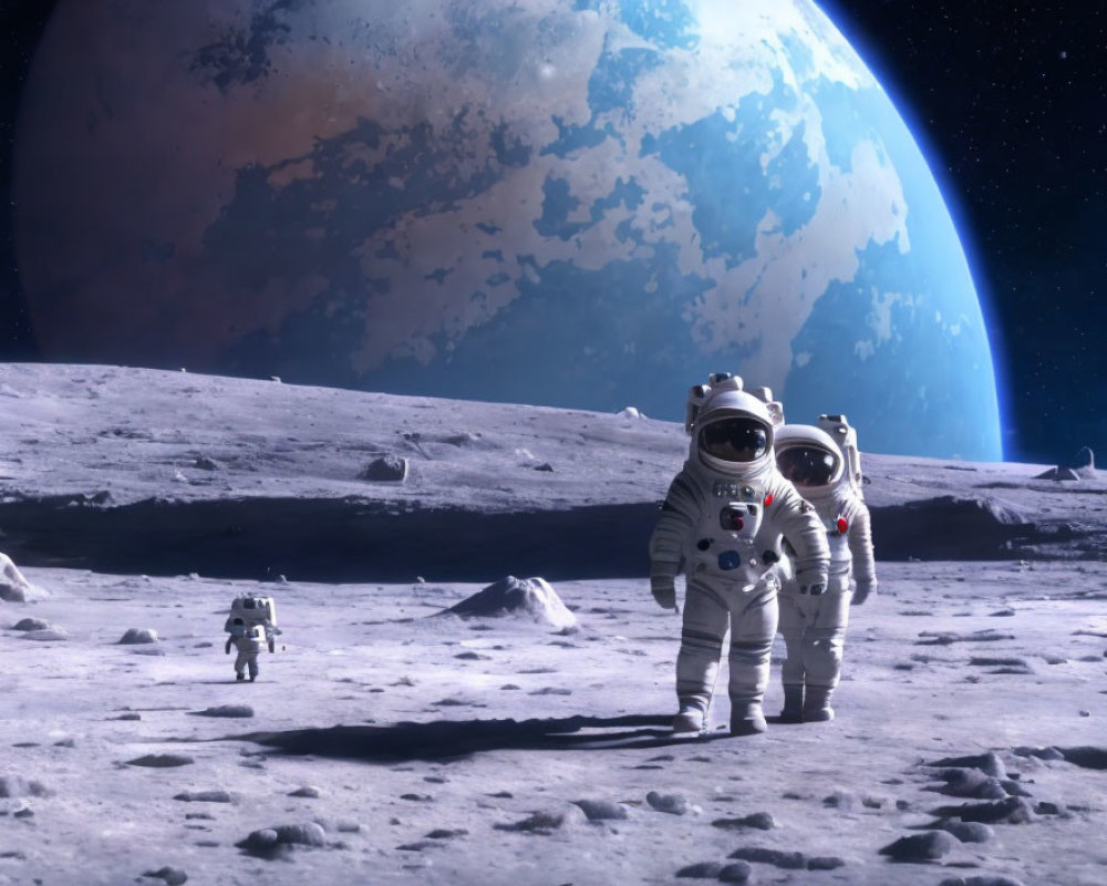 Astronauts exploring moon's surface with Earth-like planet in background