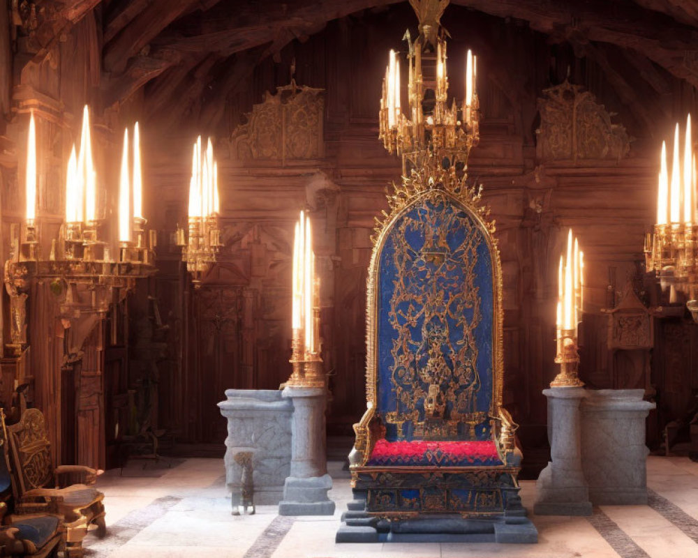 Opulent throne room with blue and gold throne, candles, vaulted ceilings, stone pillars