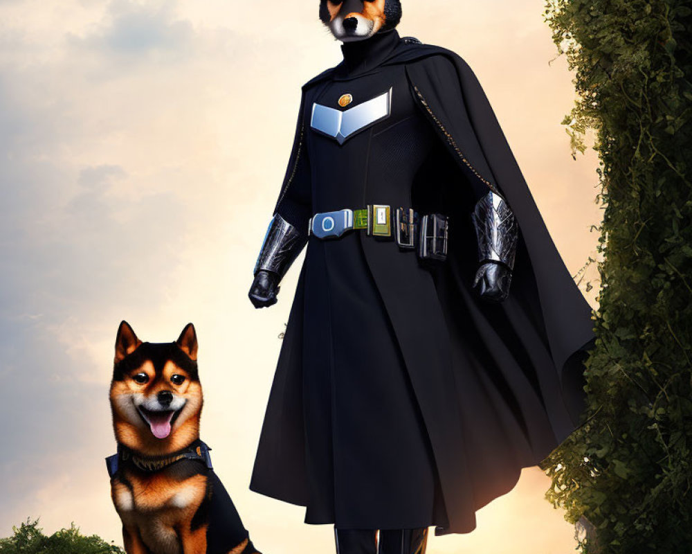 Two Shiba Inu dogs, one in superhero costume, against sunset sky