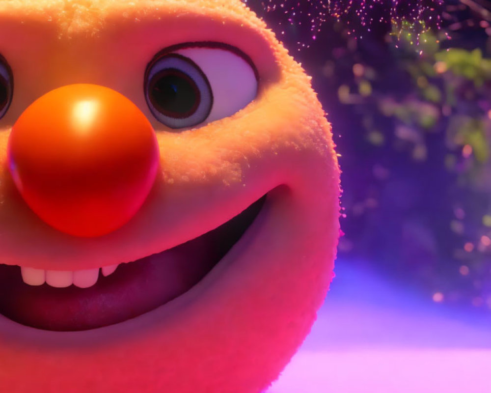 Smiling orange character with red nose on purple background