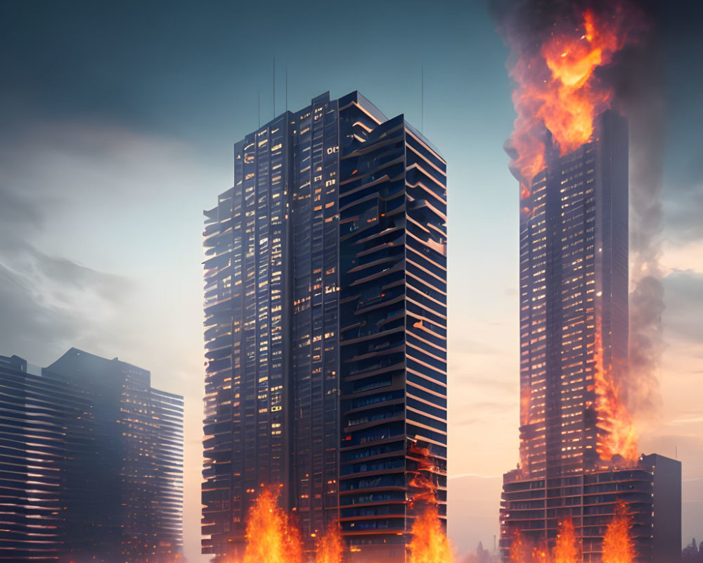 Digital artwork of burning high-rise buildings with billowing smoke