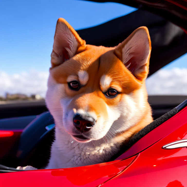 Curious Shiba Inu Dog in Red Car Window with Blue Sky