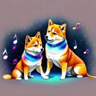 Colorful Musical Note Background with Two Shiba Inu Dogs