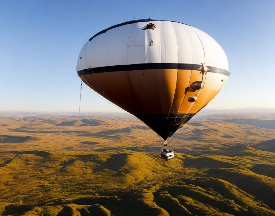 Hot air balloon with car floating over lush green landscape