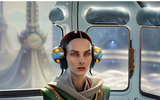 Futuristic female character with unique headgear in space vehicle scenery