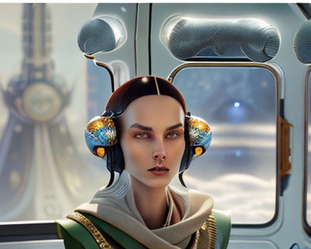 Futuristic female character with unique headgear in space vehicle scenery