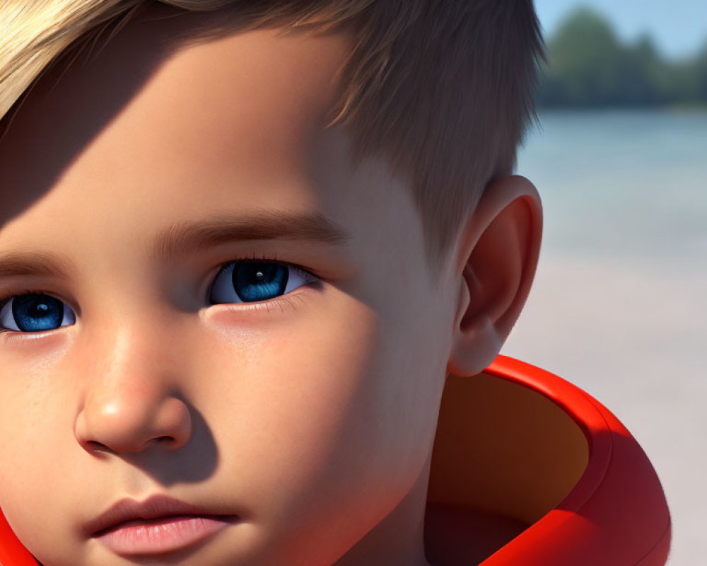 CGI-rendered young boy with blue eyes in orange life jacket on beach.