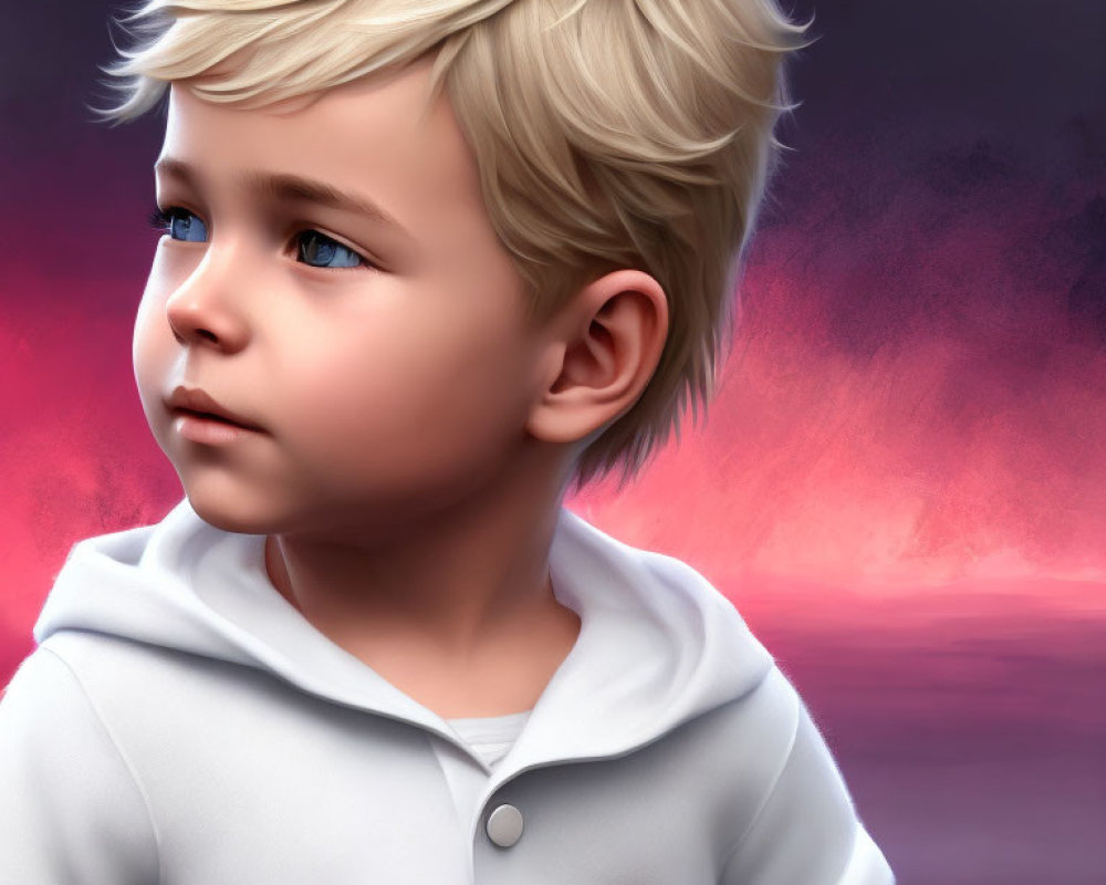 Young Boy Digital Art: Blond Hair, Blue Eyes, White Shirt on Purple & Red Background