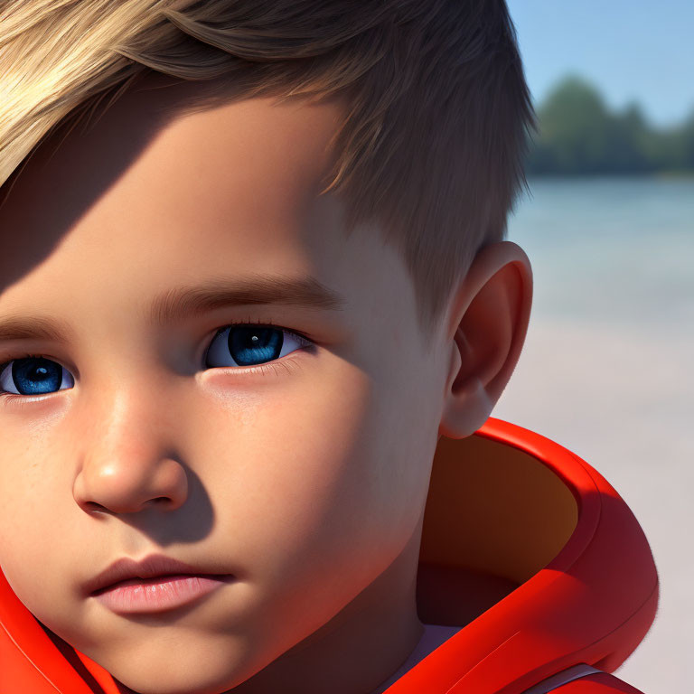 CGI-rendered young boy with blue eyes in orange life jacket on beach.