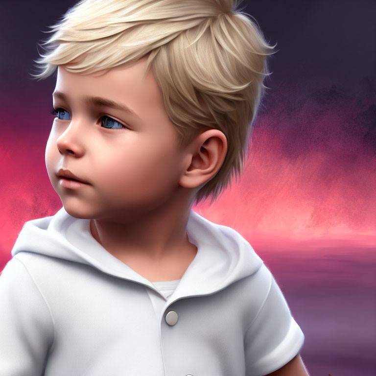 Young Boy Digital Art: Blond Hair, Blue Eyes, White Shirt on Purple & Red Background